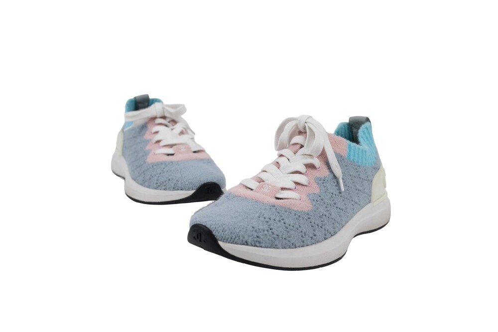 Chanel Pink Blue Lace-Up Sneakers Stretch Knit Size 38.5